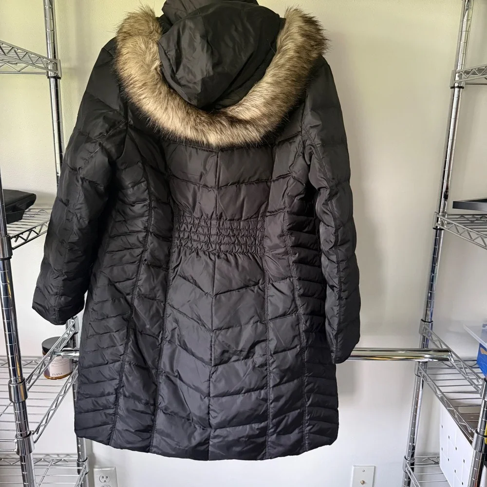 Michael Kors Black Down Puffer Coat Faux Fur Hood Long Parka Jacket Womens Large